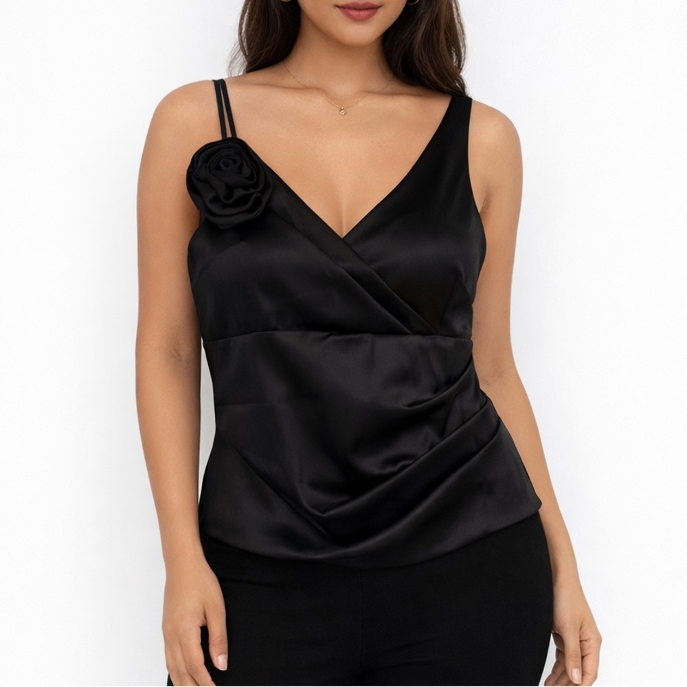 JS Boutique Black Satin Tank Top Formal Size Large Y2k Style Rosette